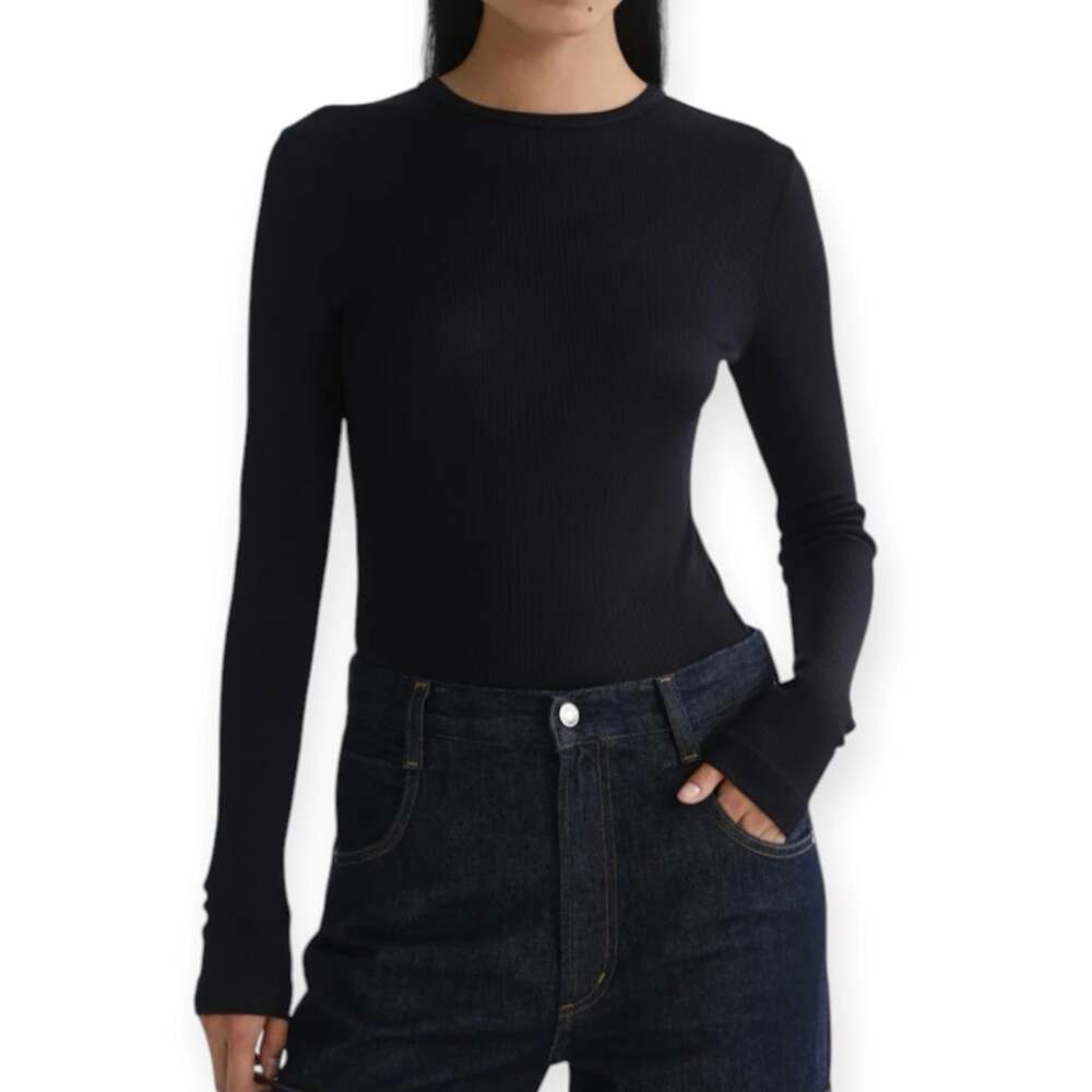 Agolde Delphi Slim Fit Tee Black Womens Size Medium Long Sleeve Ribbed Crewneck